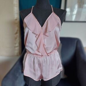 Vtg baby pink faux wrap ruffle trim romper